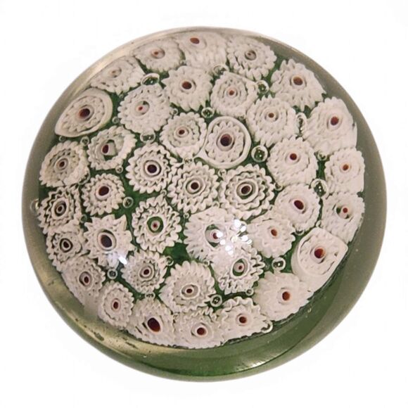 Vintage Murano Millefiori Art Glass Paperweight, White and Green, about 3" wide - Picture 5 of 7